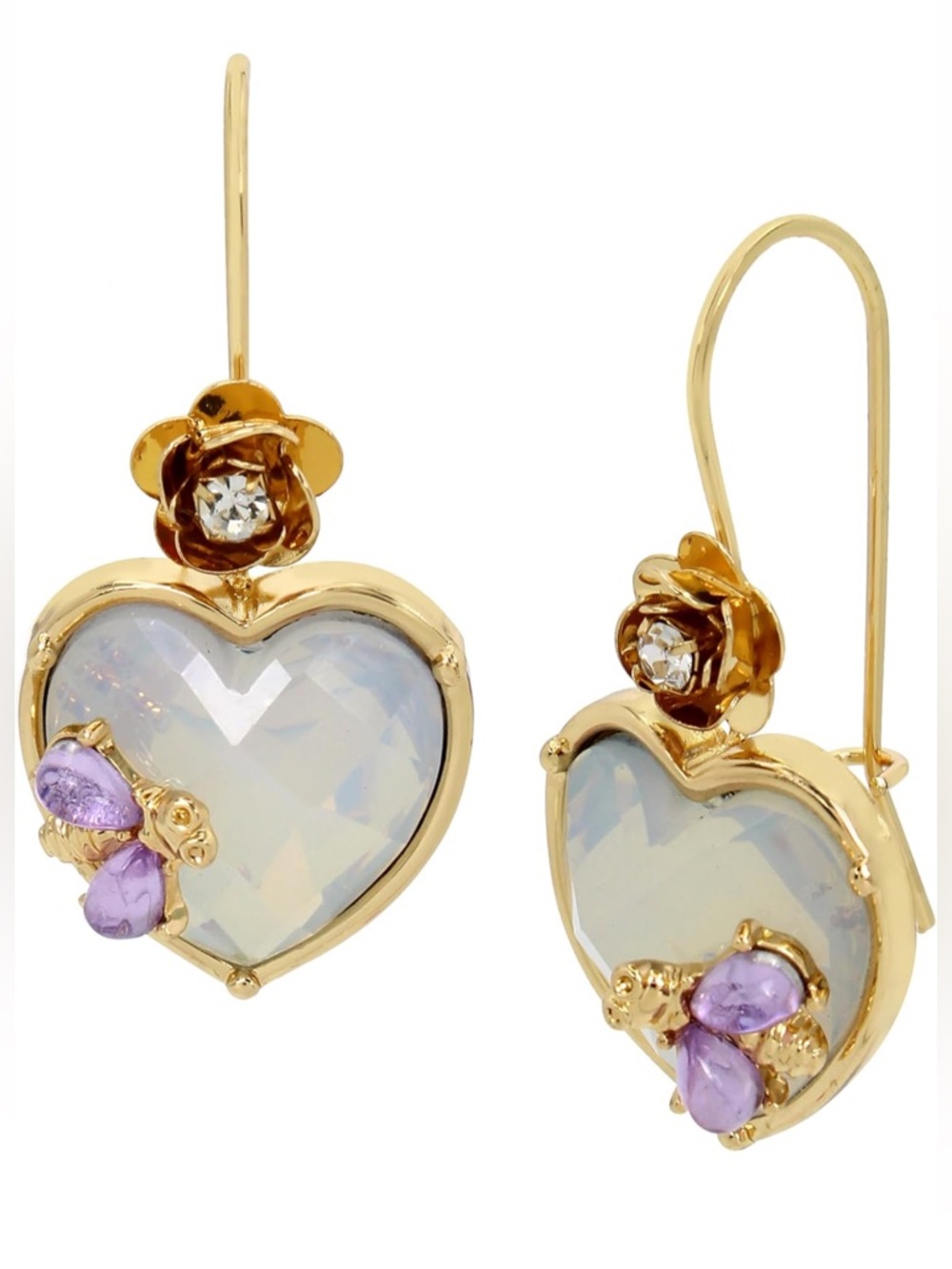Betsey Johnson Gold-Tone Heart Opal Heart Drop Earrings with Lavender Accents